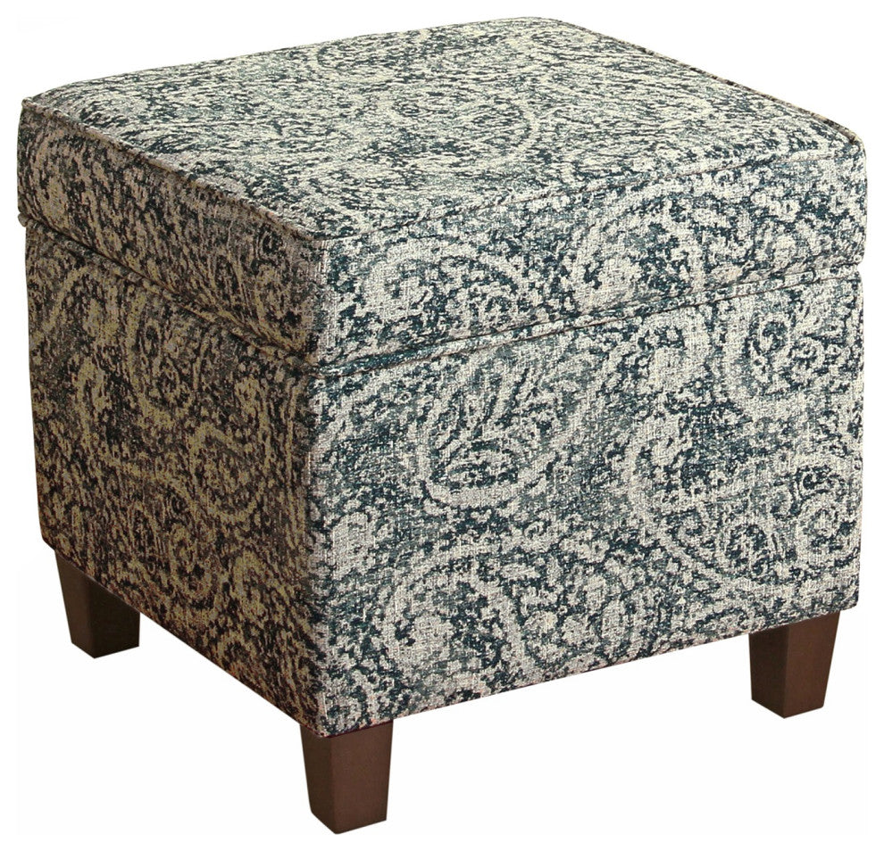 Paisley Pattern Fabric Upholstered Wooden Ottoman With Lift Off Top, Blue & Gray