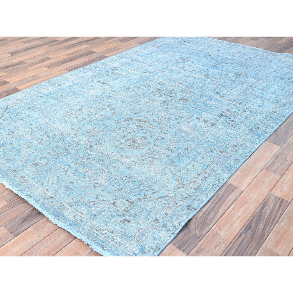 Baby Blue, Vintage Persian Tabriz, Worn Wool Hand Knotted Rug, 5'7"x9'2"