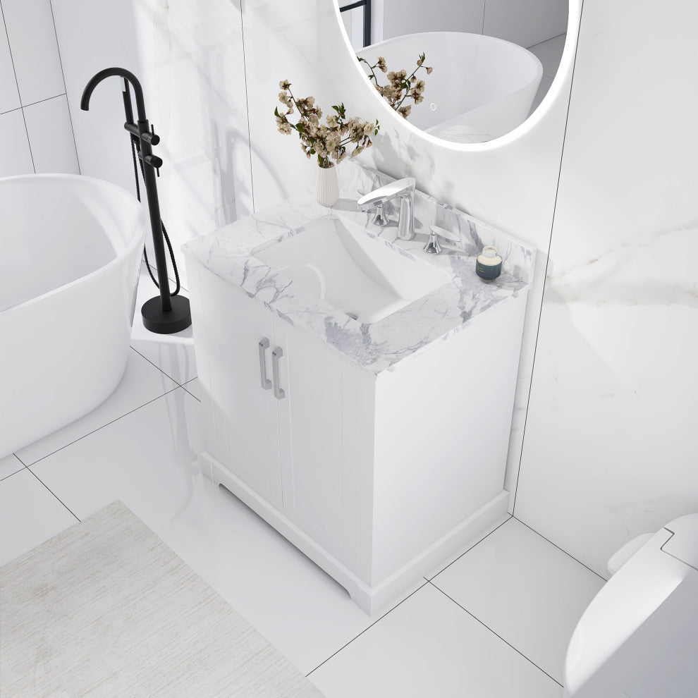 30" W x 22" D x 33" H Bath Vanity, White With Carrara White Marble