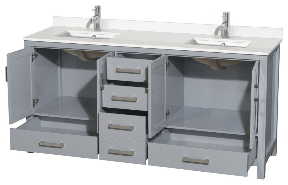 Sheffield 72" Gray Double Vanity, White Quartz Top, Square Sinks, No Mirror