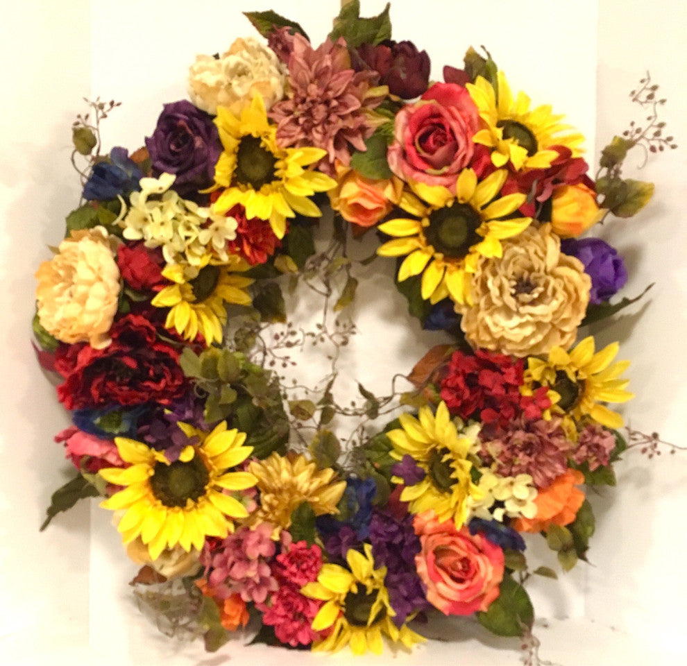 Fall Sunflower Wreath All Season Peony Hydrangea Rose Rust Gold Orange Purple