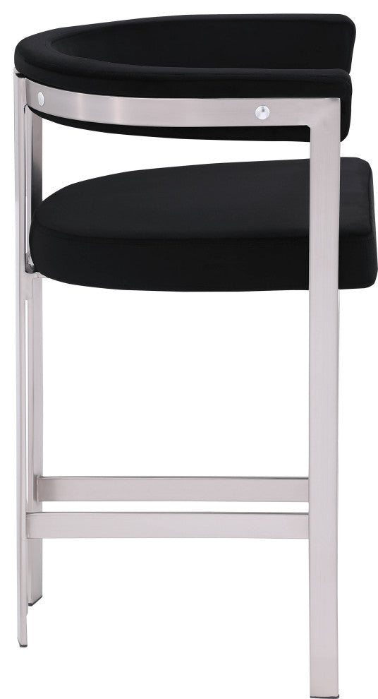 Marcello Upholstered Counter Stool, Black, Velvet, Brushed Chrome
