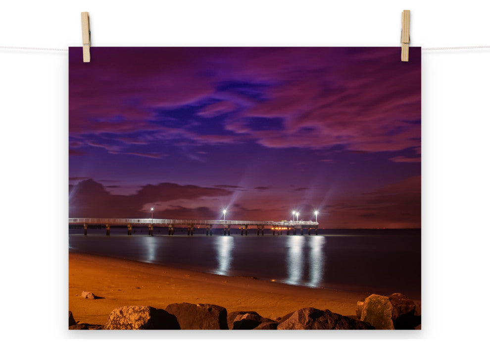 The Pier at Woodland Beach Night Coastal Photo Unframed Wall Art Print, 16" X 20"