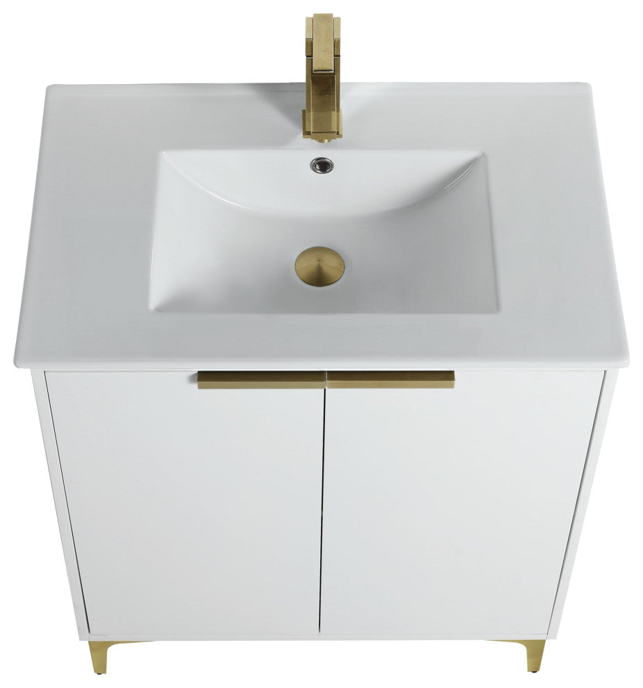 Wilmington Bath Vanity, White Matte, 30 Inch, Satin Brass Hardware
