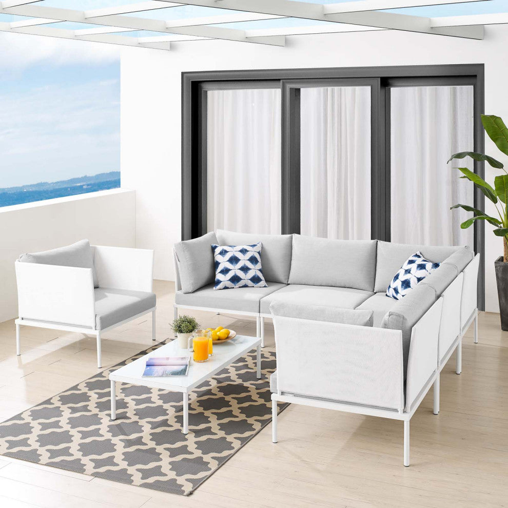 Sectional Sofa Chair Table Set, Sunbrella, Aluminum, White Gray, Outdoor