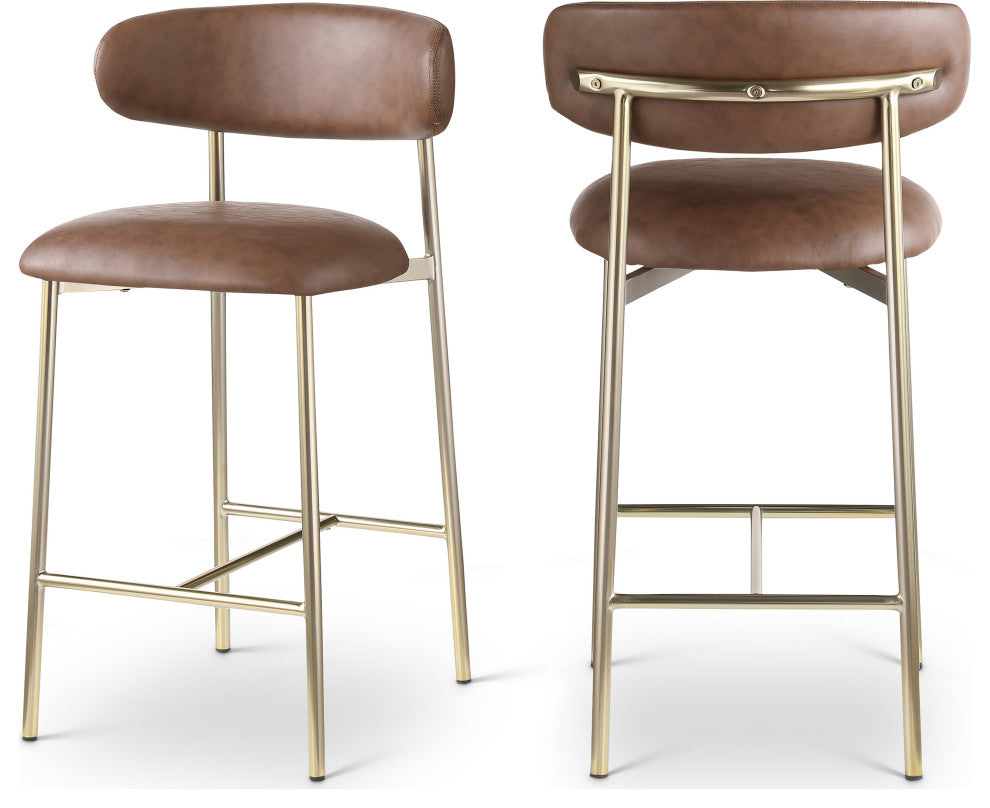Lupita Upholstered Counter Stool, Brown, Vegan Leather, Brushed Gold, Set of 2