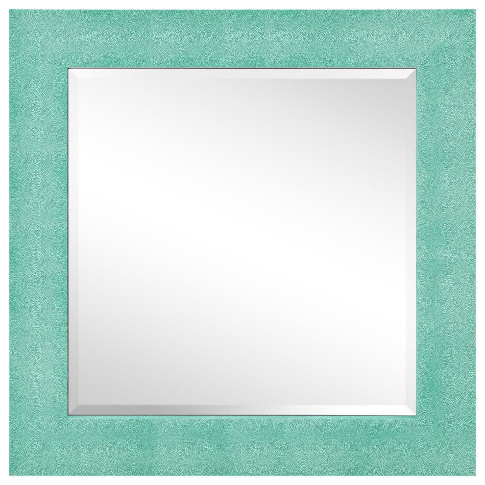 Beveled Wall Mirror, Teal Metallic Shagreen Leather Framed Square Mirror 48x48