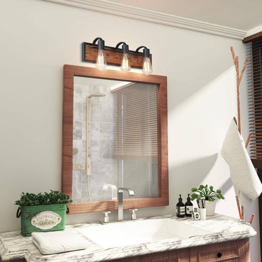 LALUZ 3-Light 21.3-in Wood Brown and Black Farmhouse Vanity Light Bar