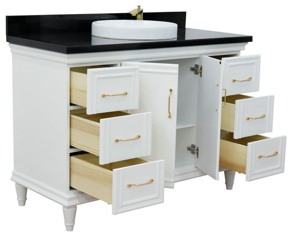 49" Single Sink Vanity, White Finish With Black Galaxy Granite and Round Sink