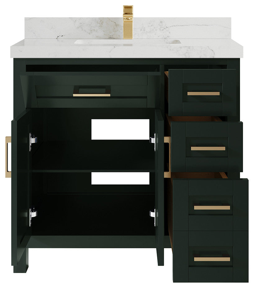 Cambridge 36 Center Sink Bath Vanity in Dark Forest Green 2" Calacatta Nuvo