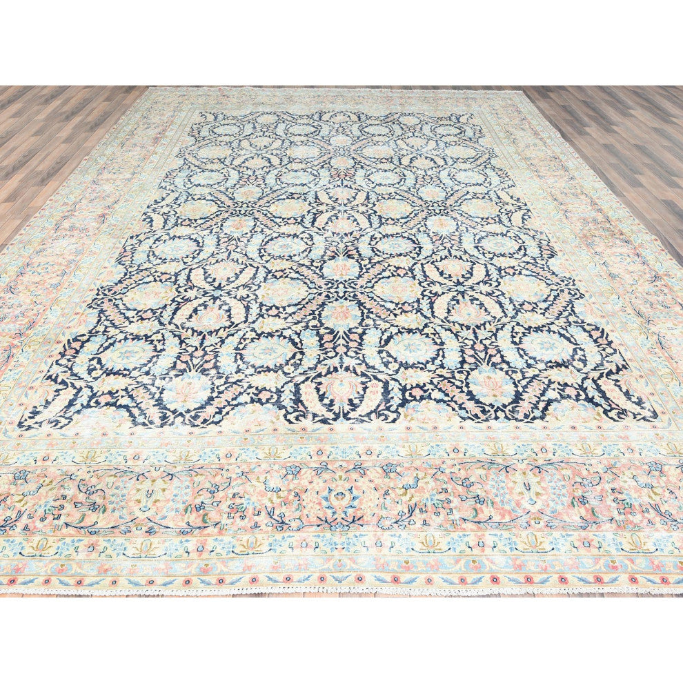 Yale Blue Vintage Persian Kerman Wool Hand Knotted Oversized Rug 11'7"x15'9"