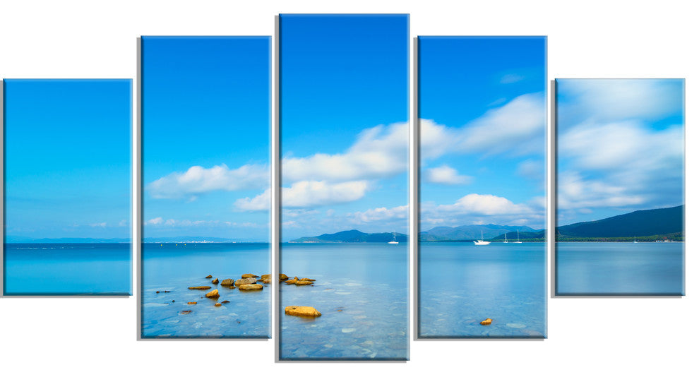 "Rocks in A Blue Panoramic Sea Bay" Seashore Wall Art, 5 Panels, 60"x32"