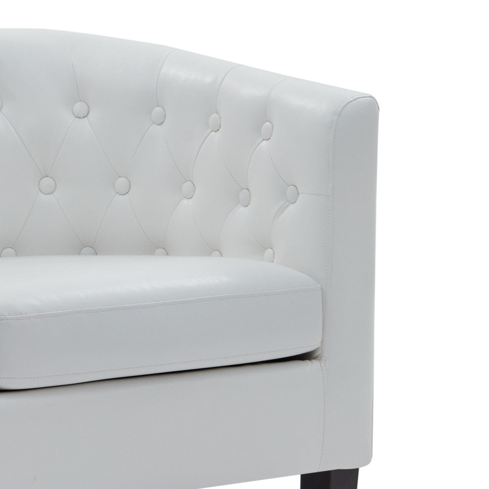 Upholstered Tufted Barrel Chair Roll Armrest Accent Chair, Faux Leather, White