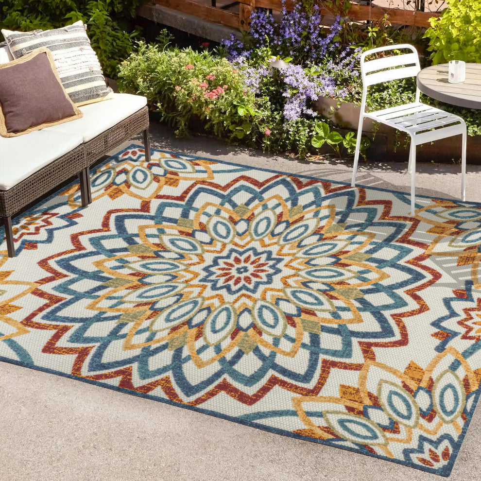Flora Abstract Bold Mandala High-Low Indoor/Outdoor Area Rug, Red/Blue/Yellow