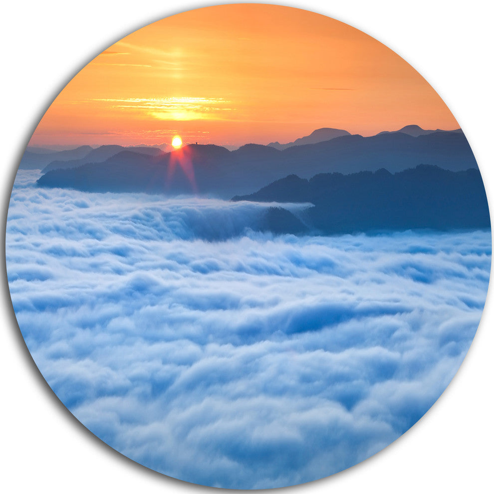 Sunrise Over Misty Sea Waters, Landscape Photo Round Metal Artwork, 11"