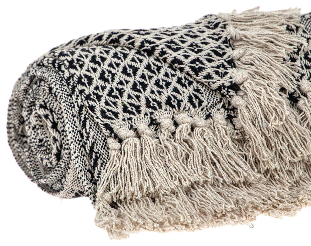 Beige and Black Multi Pattern Woven Handloom Throw Blanket