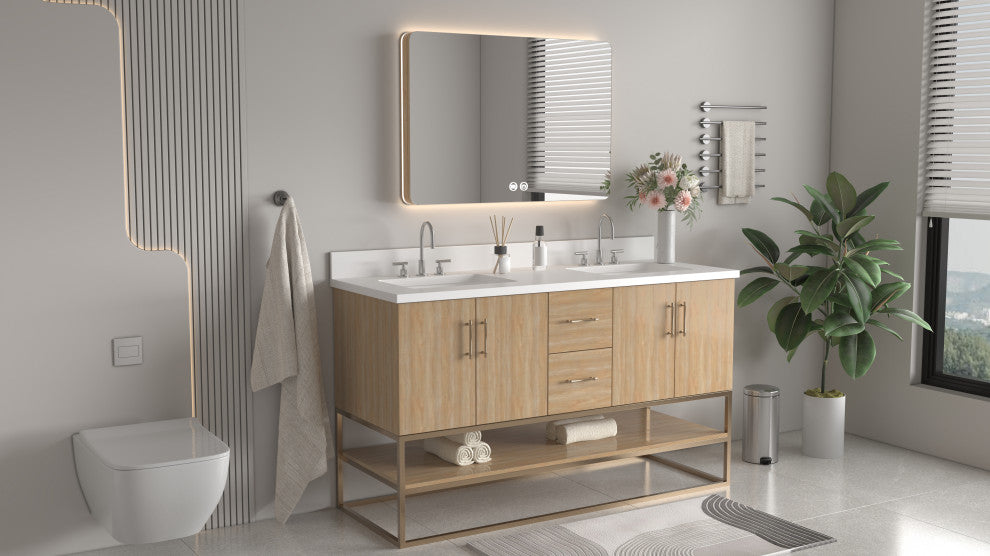 Light Oak Lima Bathroom Vanity With Open Shelf & Gold Leg Base, 60" Double Sink