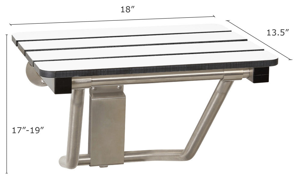 Phenolic White 3" Slats Folding Wall Mount Shower Seat Bench, ADA Compliant, 18"