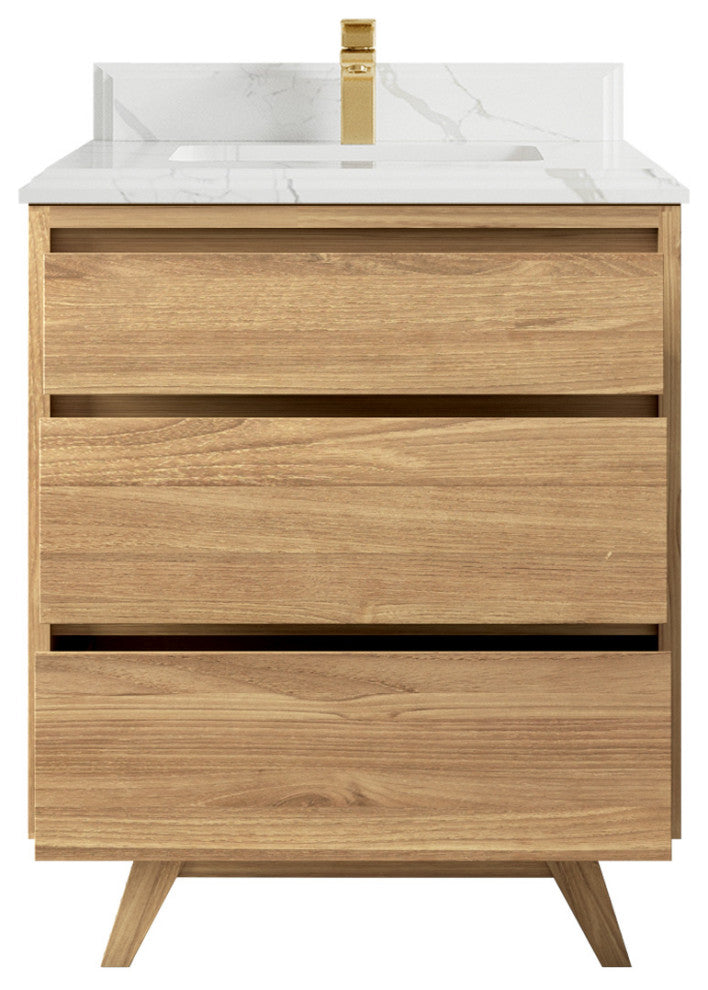 Madison Teak 30 Single Sink Bath Vanity in Light Natural 1.5" Calacatta Laza