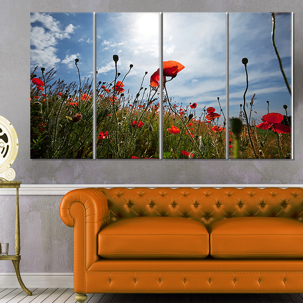 Poppy Flower Field View From Ground, Floral Canvas Art Print, 48"x28", 4 Panels