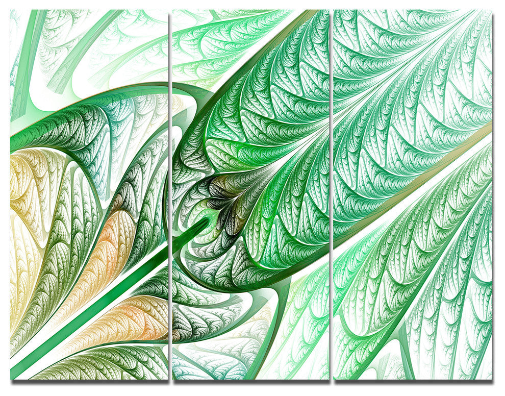 Green on White Fractal Stained Glass, Abstract Wall Art Canvas, 36x28, 3 Panels