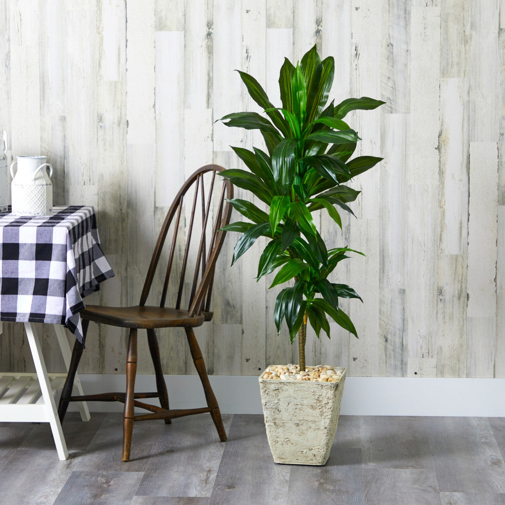 4'' Dracaena Artificial Plant, Country White Planter, Real Touch