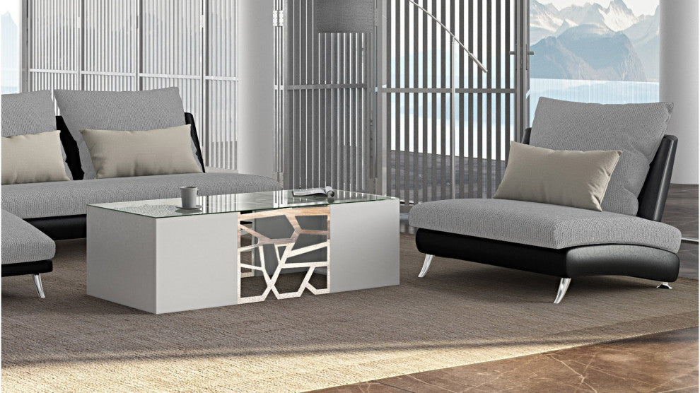 Liera Coffee Table Clear Tempered Glass Top White Lacquer Base Stainless Steel