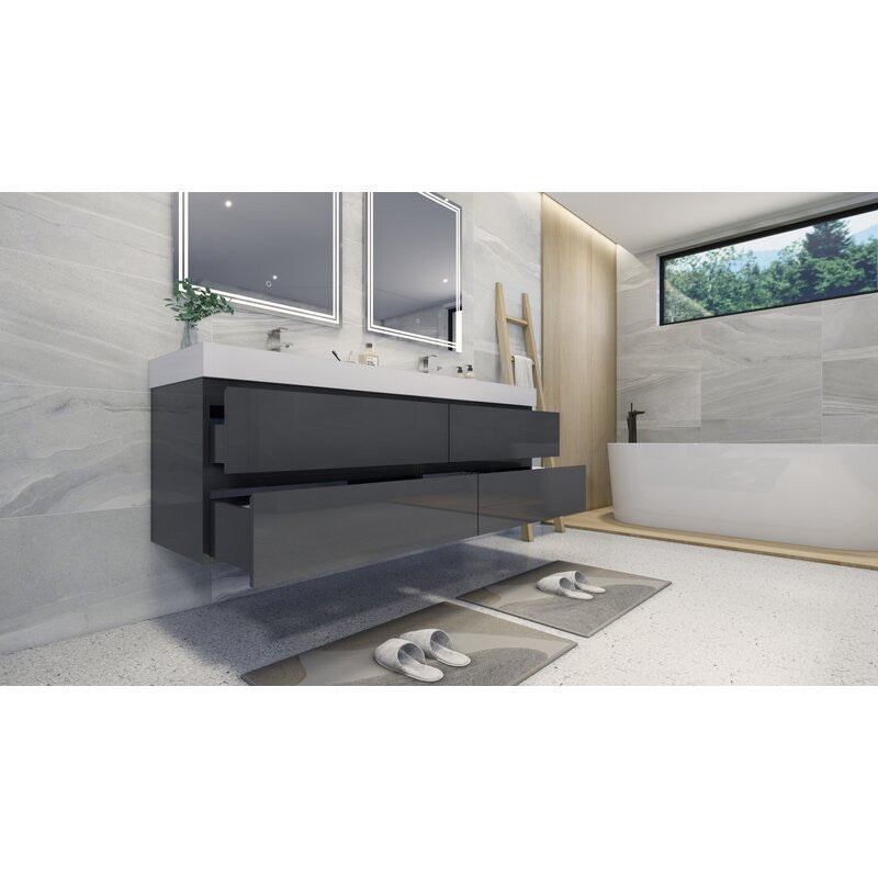 72" Double Sink Wall Mount Vanity, Reinforced Acrylic Sink, High Gloss Gray