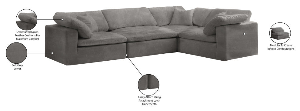Cozy Velvet Upholstered Comfort L-Shaped Modular Sectional, Grey, 4-Piece: 1 Armless Chair, 3 Corner Chair
