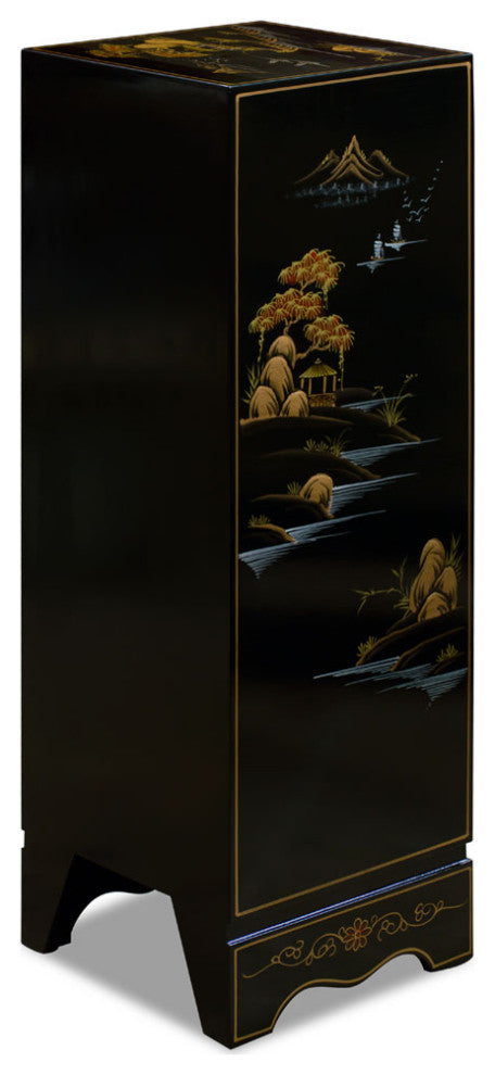 Black Lacquer Chinoiserie Chinese Pedestal Cabinet