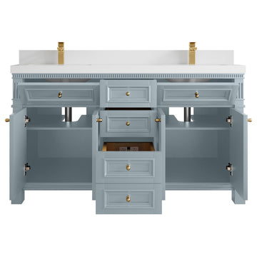 Paris 60" Double Sink Bathroom Vanity, Blue Heather 2" White Quartz