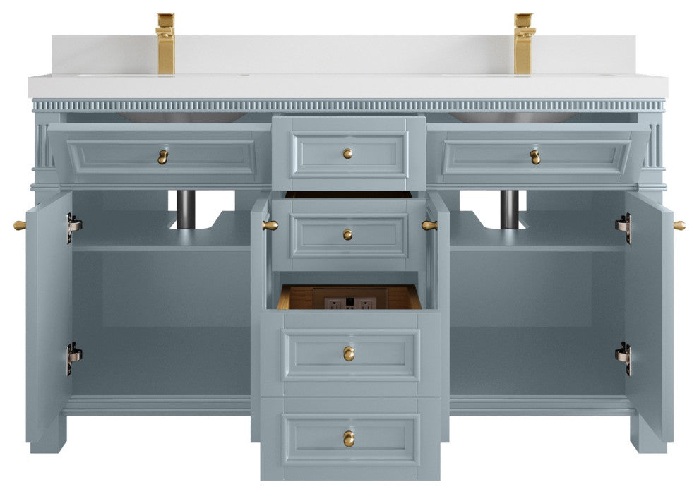 Paris 60" Double Sink Bathroom Vanity, Blue Heather 2" White Quartz