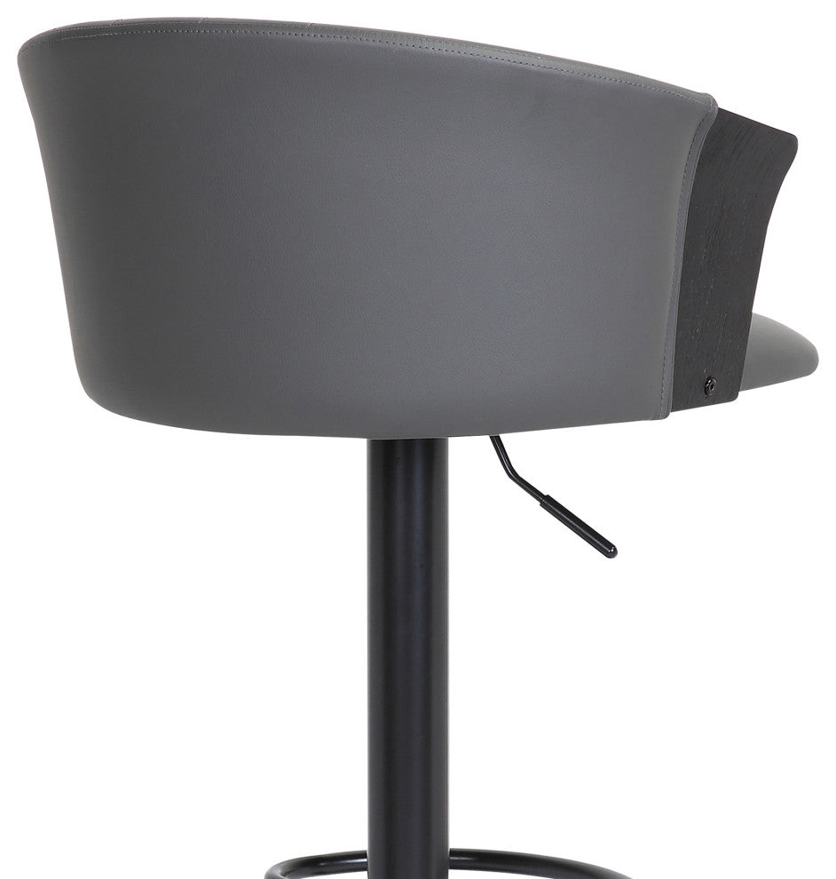 Lydia Adjustable Black Wood Bar Stool, Gray Faux Leather With Black Metal
