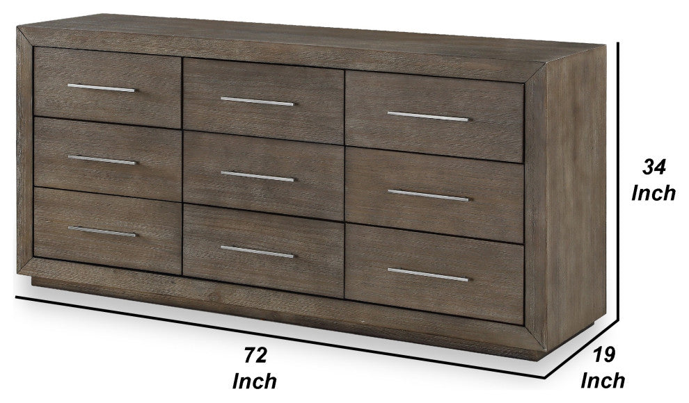 Benzara BM273405 9 Drawer Wood Dresser With Bar Handles, Distressed Taupe Brown