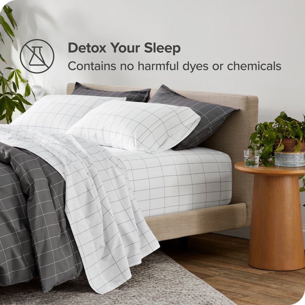 1800 Microfiber Sheet Set, Grid White/Graphite, Queen
