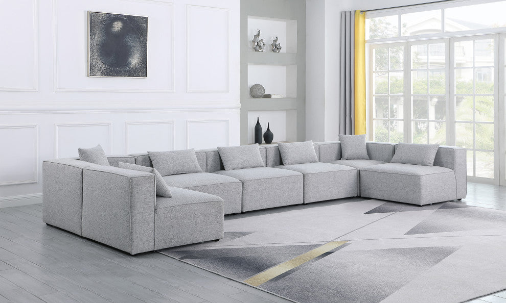 Cube Upholstered Modular Sectional, Gray, 7-Piece: 5 Armless Chair, 2 Corner Chair, Linen Texured Fabric