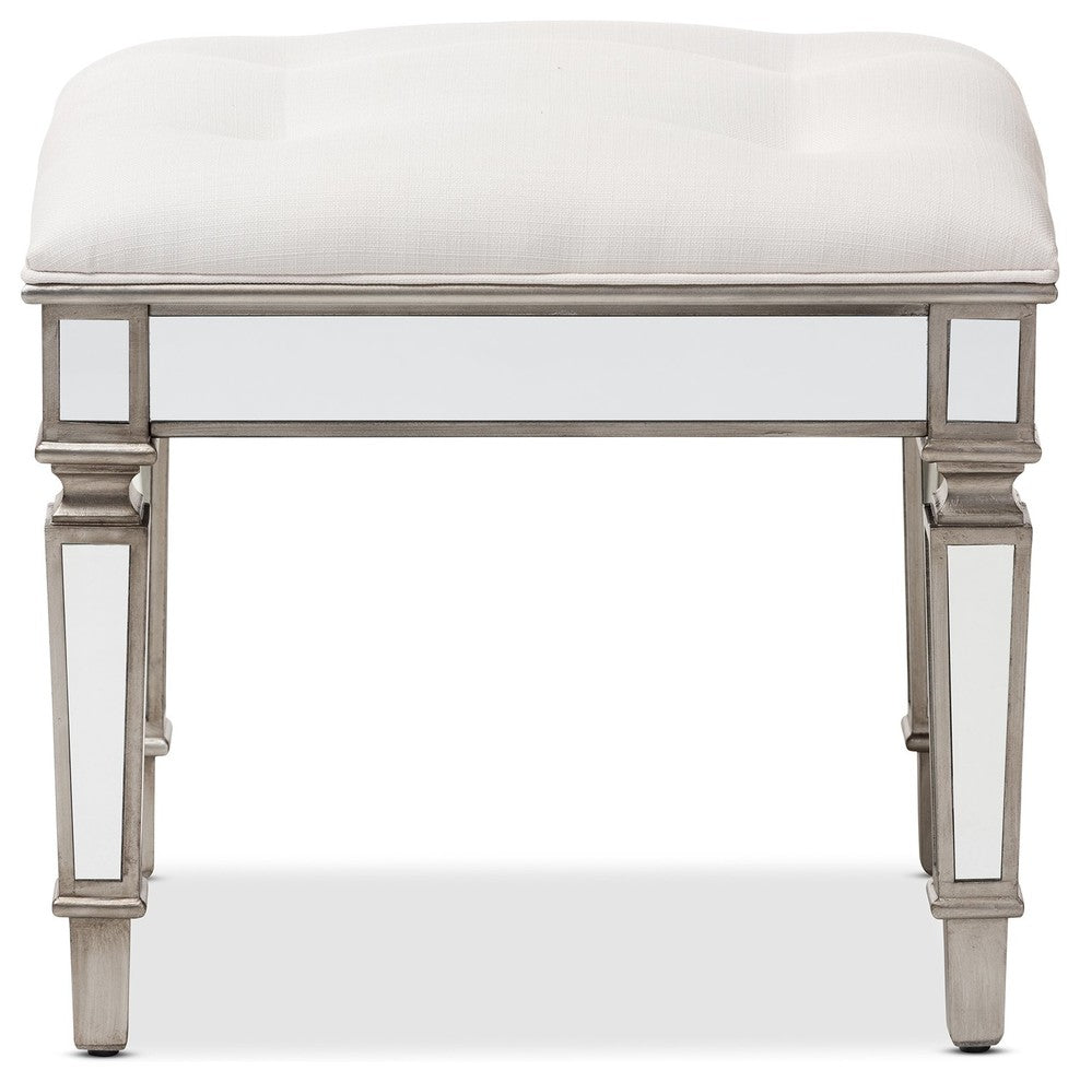Marielle Hollywood Regency Glamour Style Fabric Mirrored Ottoman Vanity Bench