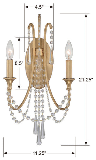 Arcadia 2 Light Wall Mount in Antique Gold with Hand Cut Crystal
