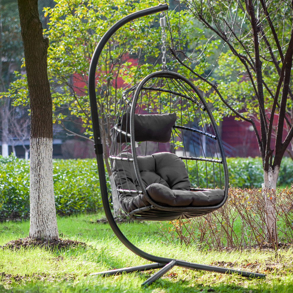 Outdoor Patio Wicker Swing Chair Hanging Egg Chair With Cushion, Dark Gray