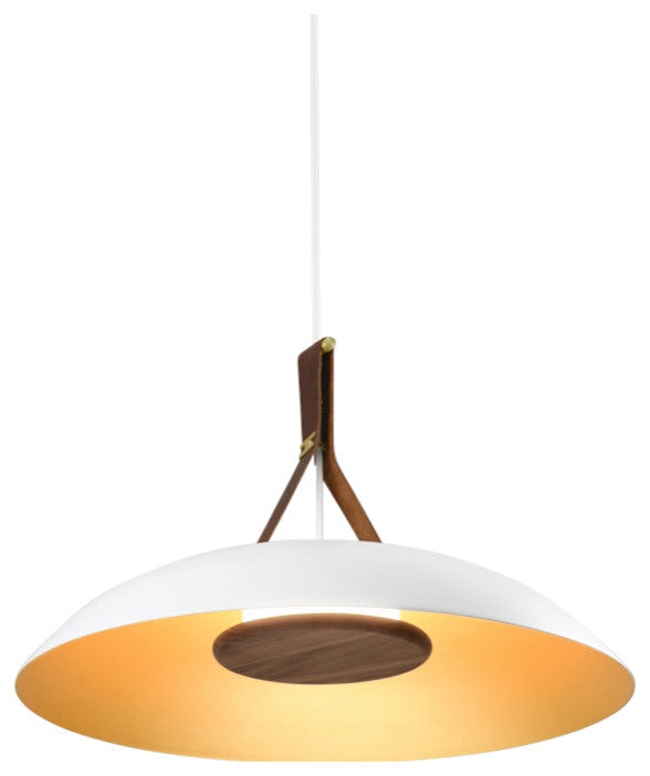 Volo LED Pendant, Cava - White Shade/Brushed Brass/Brown Leather/Walnut, 4000K