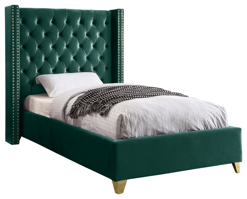 Barolo Velvet Upholstered Bed, Green, Twin