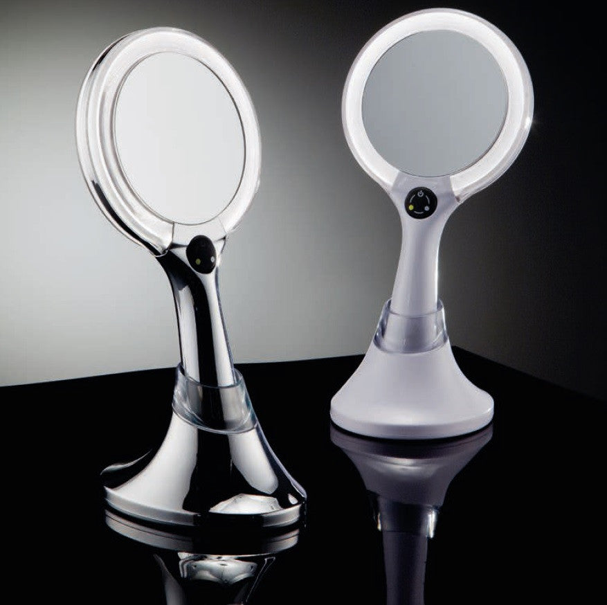 Table and Handheld Magnifying Mirror With LED Lights., White