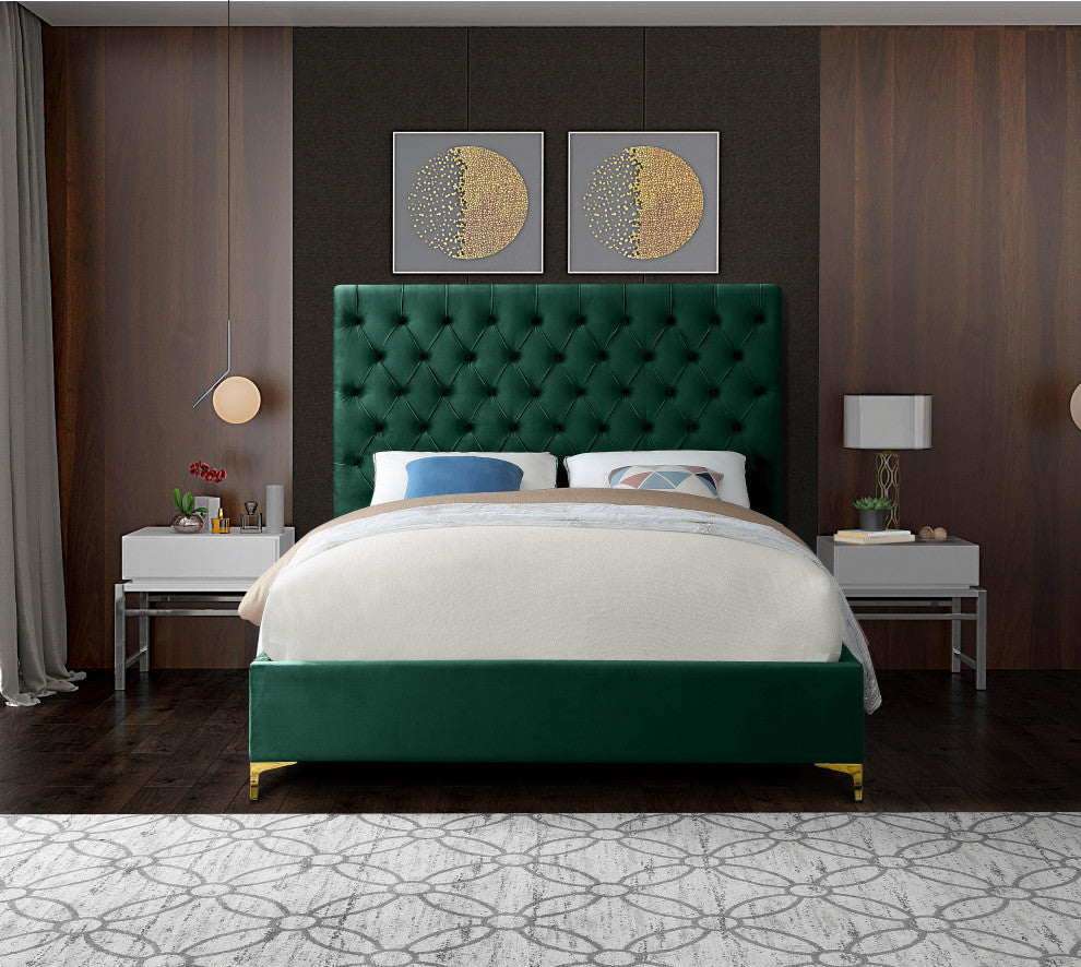 Cruz Velvet Upholstered Bed, Green, Full