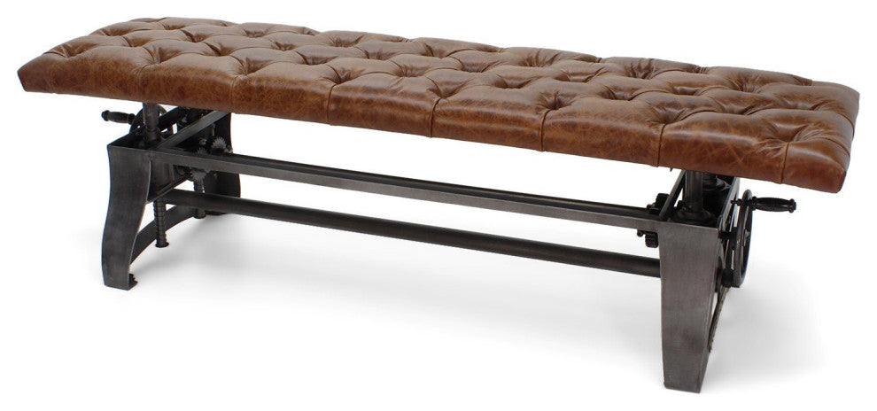 Crescent Industrial Dining Bench - Adjustable Iron Base - Brown Leather Seat