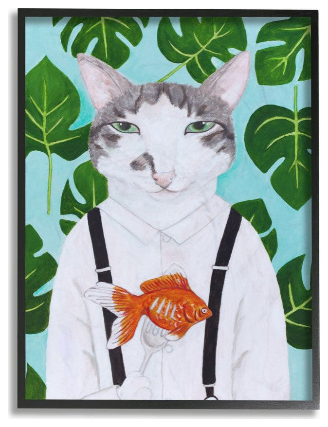 Cat Goldfish Dinner Funny Animal Portrait Painting, 24"x30"
