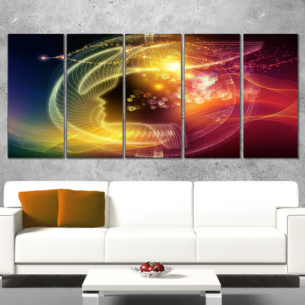 Illuminating Human Head Fractal, Abstract Canvas Art Print, 60"x28", 5 Panels