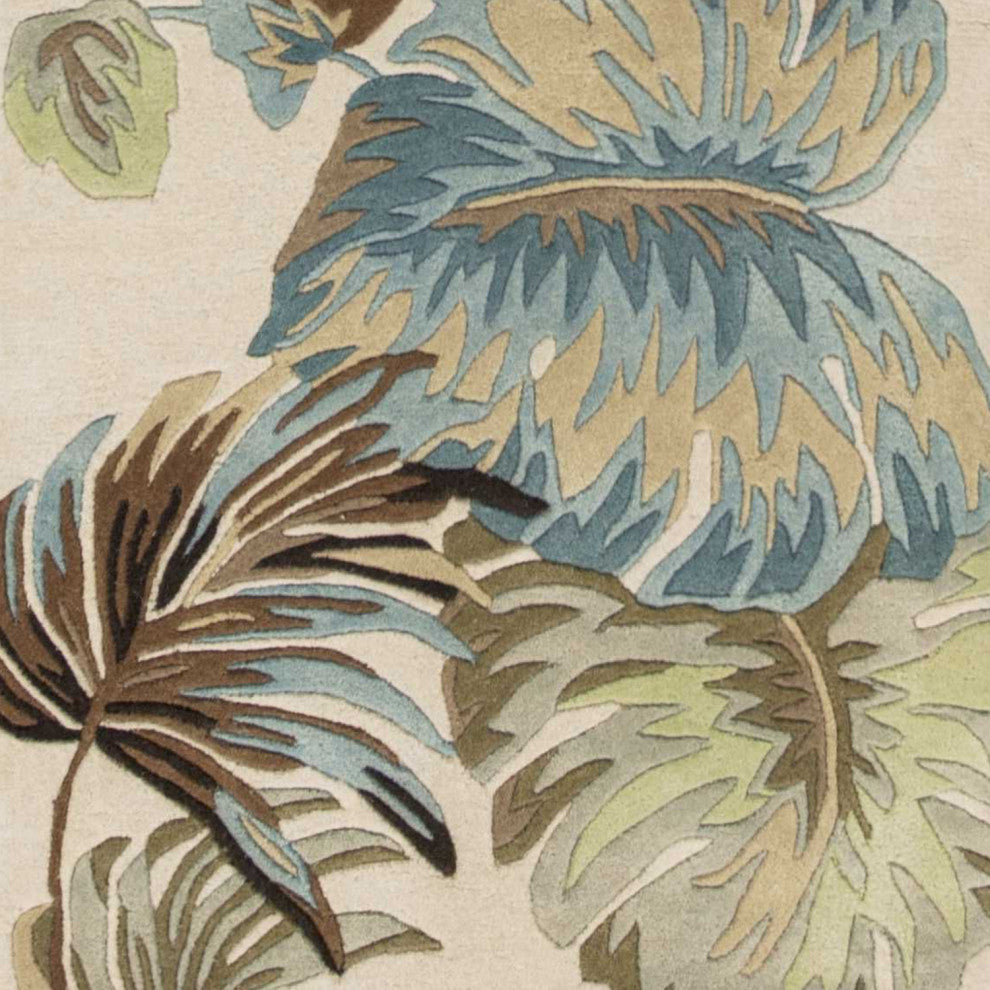 HomeRoots 8' Ivory Blue Hand Tufted Tropical Leaves Indoor Runner Rug