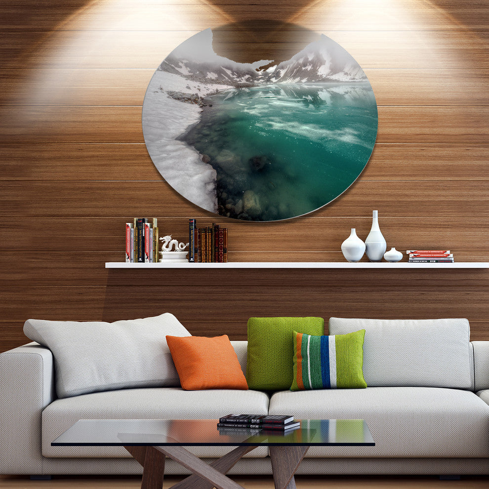 Lake With Icy Topped Mountains, Landscape Art Round Metal Wall Art, 11"