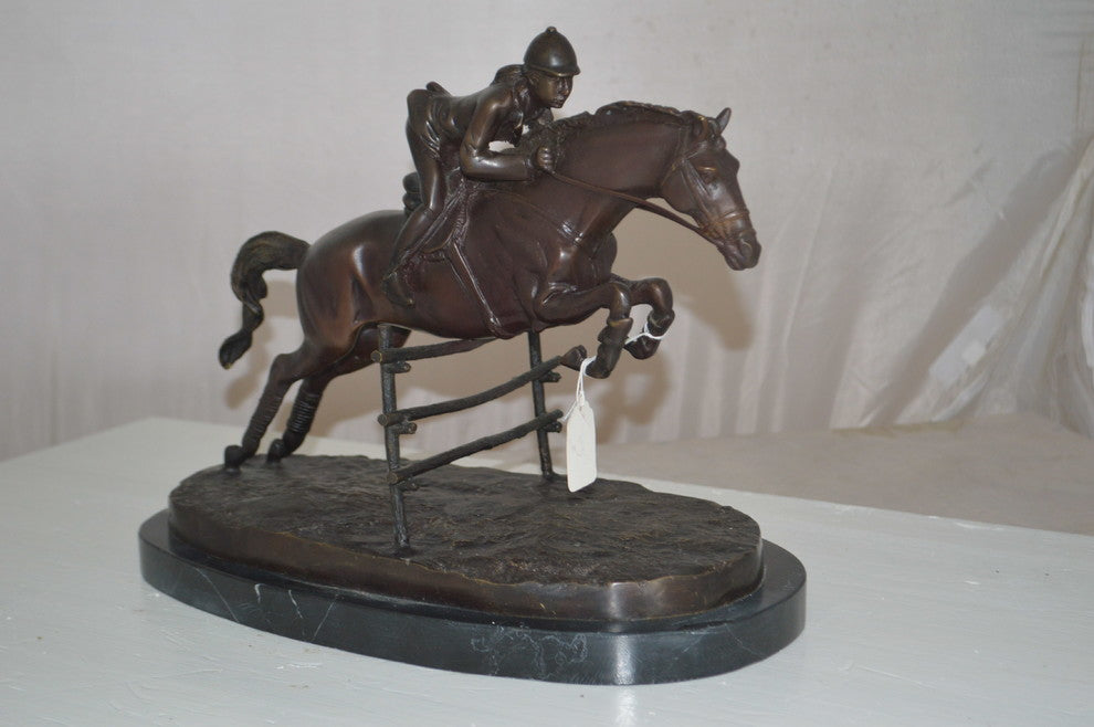 Jockey With Horse Jumping Over Hurdle Bronze Statue -  Size: 14"L x 9"W x 13"H