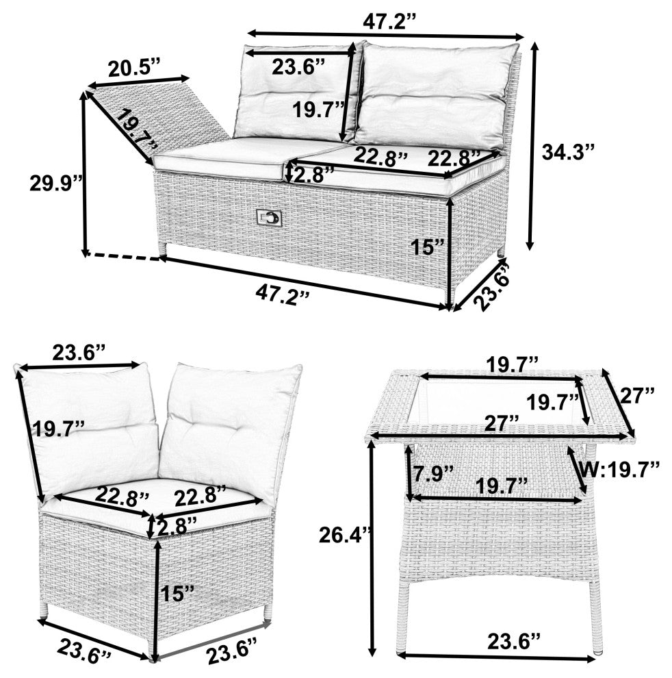 4 Pieces Outdoor Rattan Patio Sectional Sofa Set With Adjustable Backs